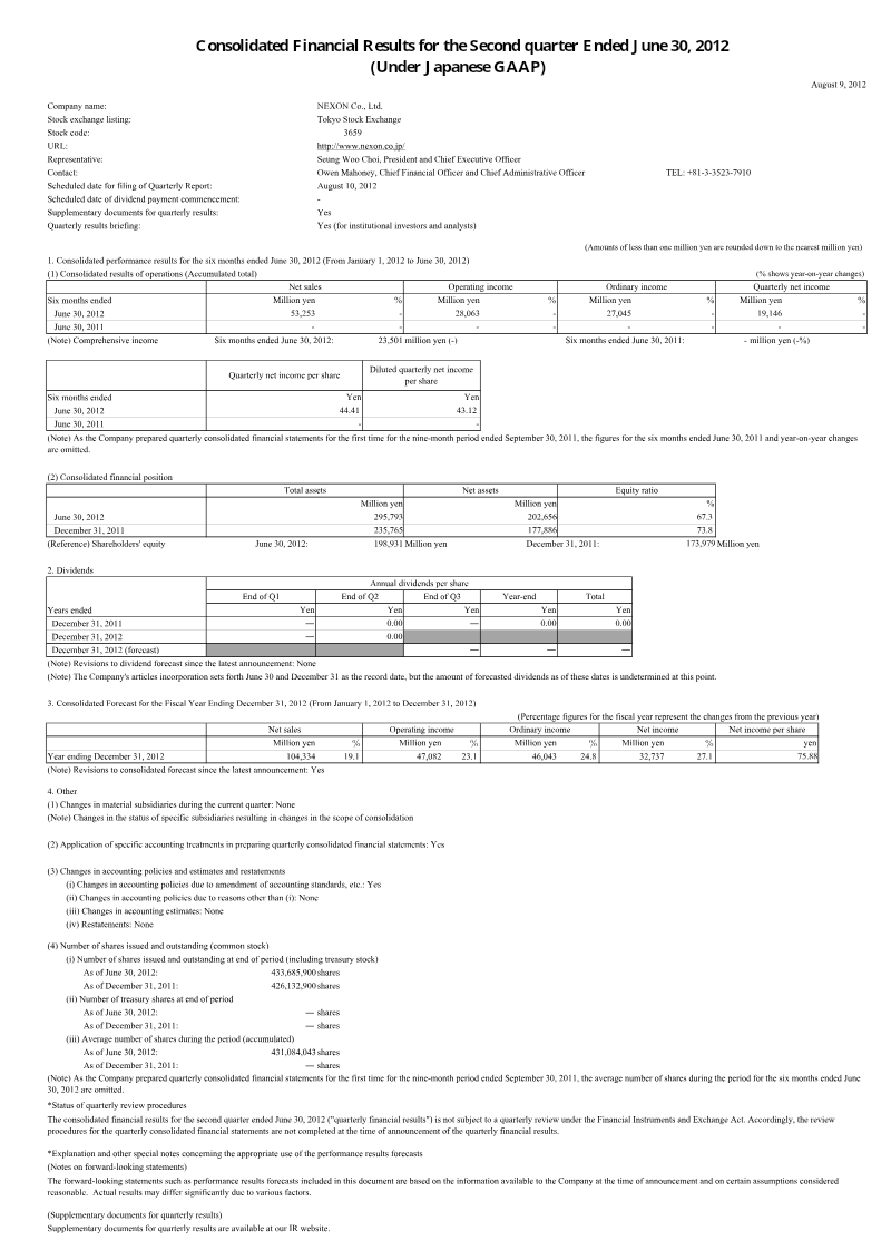 Cover of Nexon Consolidated Financial Results for the Second Quarter Ended June 30, 2012