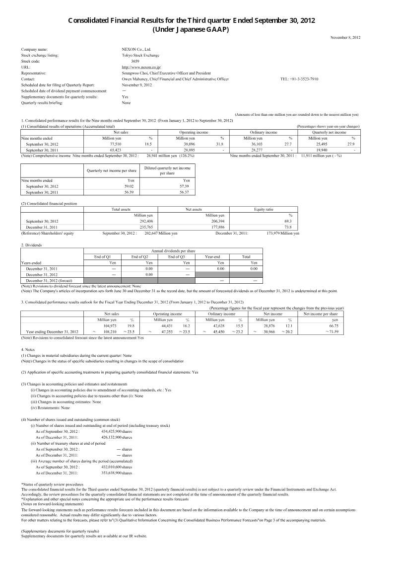 Cover of Nexon Consolidated Financial Results for the Third Quarter Ended September 30, 2012