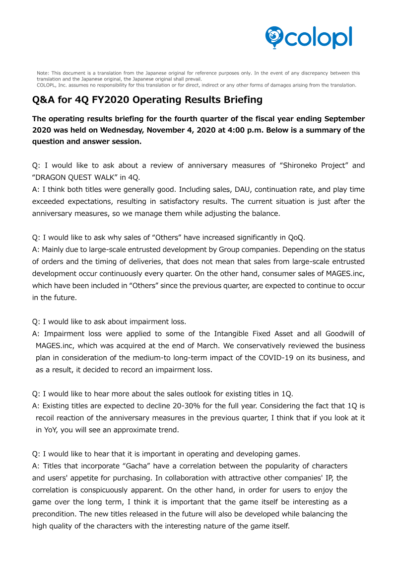 Cover of Q&A for 4Q FY2020 Operating Results Briefing: COLOPL