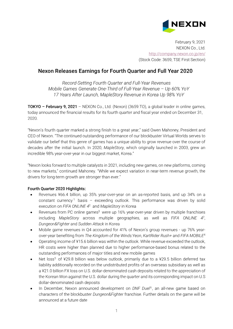 Cover of Nexon Fourth Quarter and Full Year 2020 Financial Results