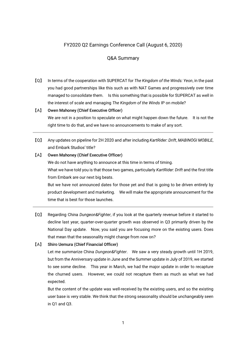 Cover of NEXON FY2020 Q2 Earnings Conference Call: Q&A Summary