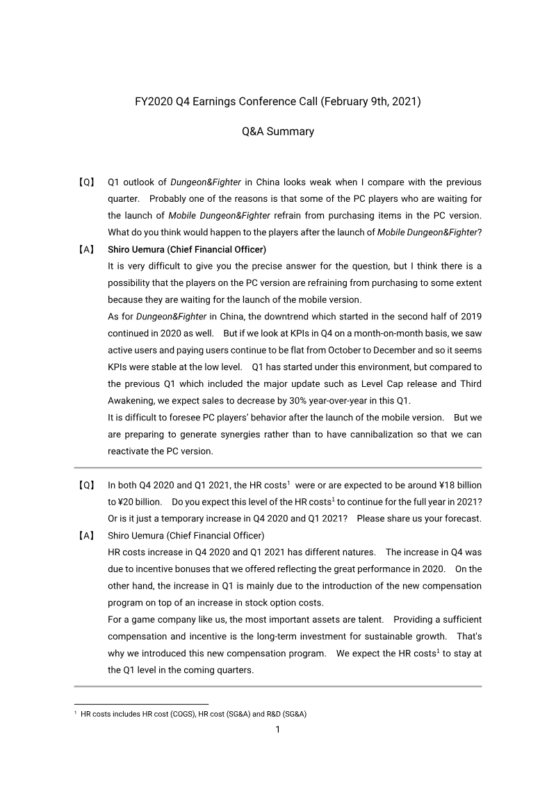Cover of Nexon FY2020 Q4 Earnings Conference Call: Q&A Summary