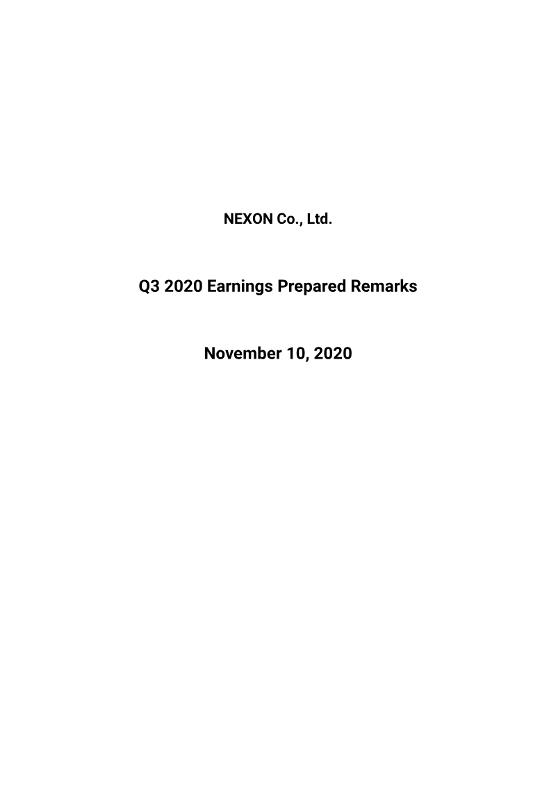 Cover of Nexon Q3 2020 Earnings Prepared Remarks