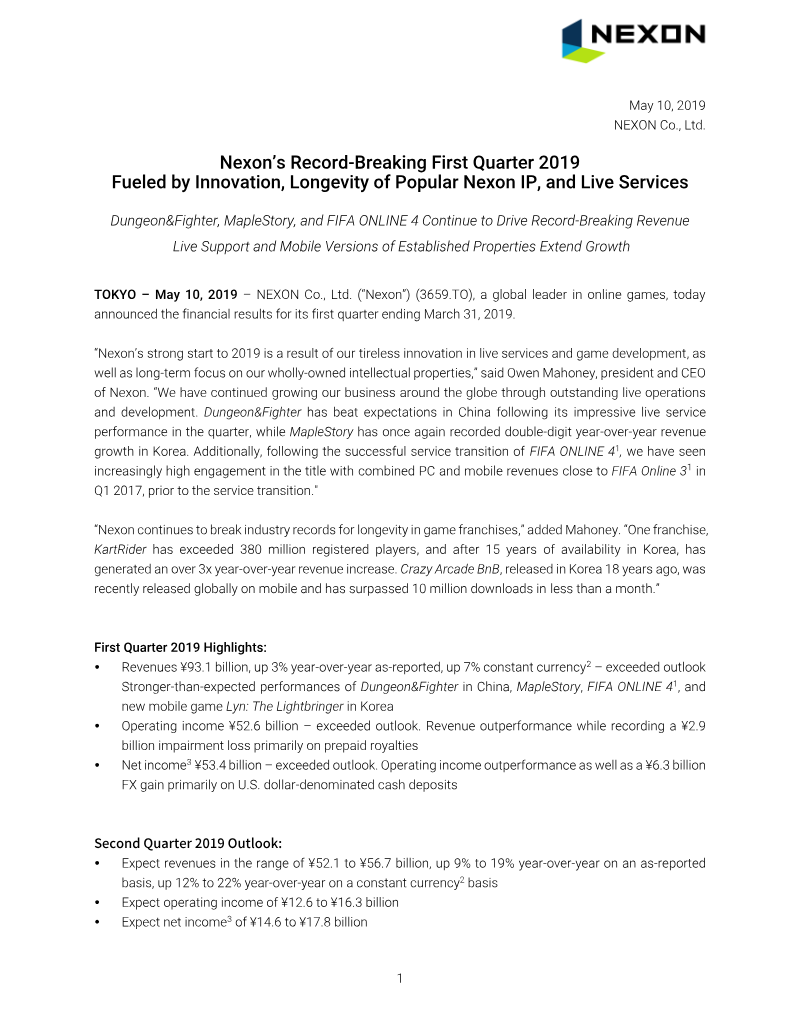 Cover of Nexon First Quarter 2019 Financial Results