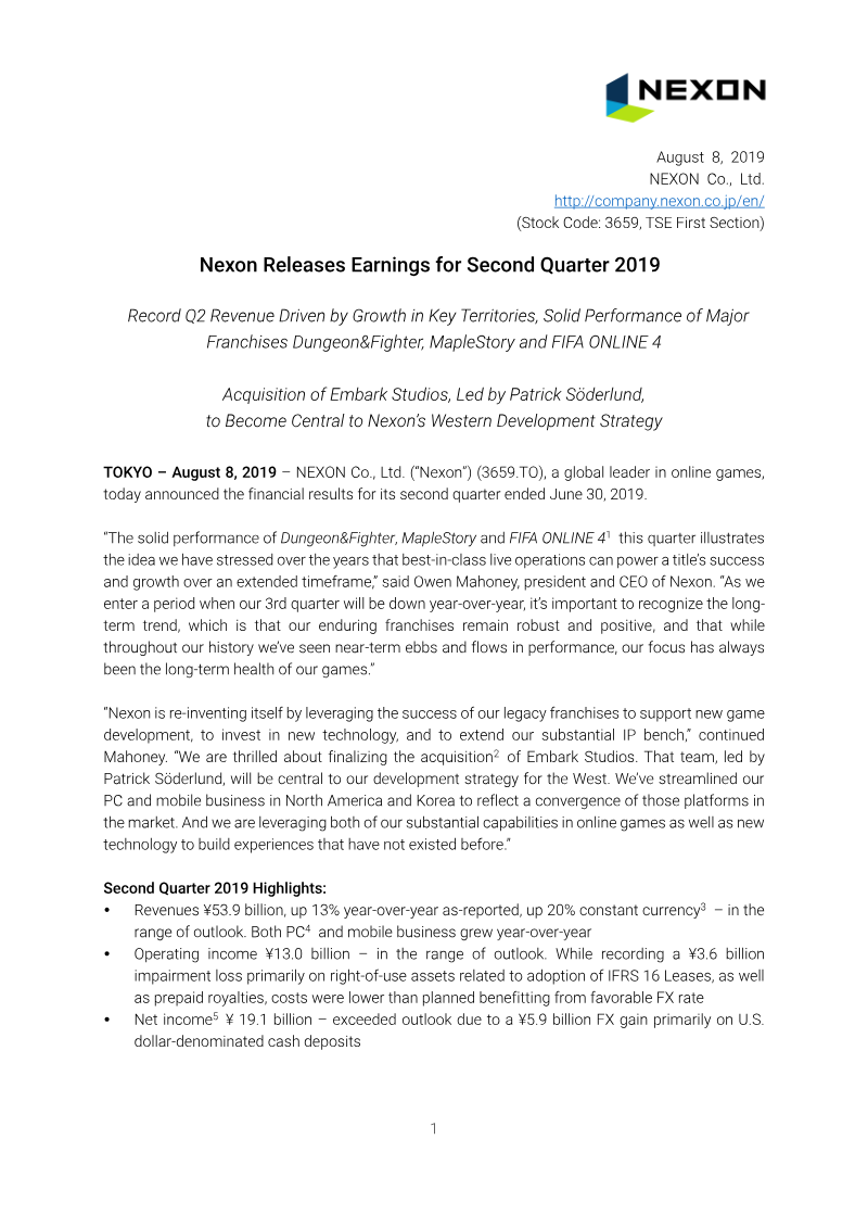 Cover of Nexon Earnings for Second Quarter 2019