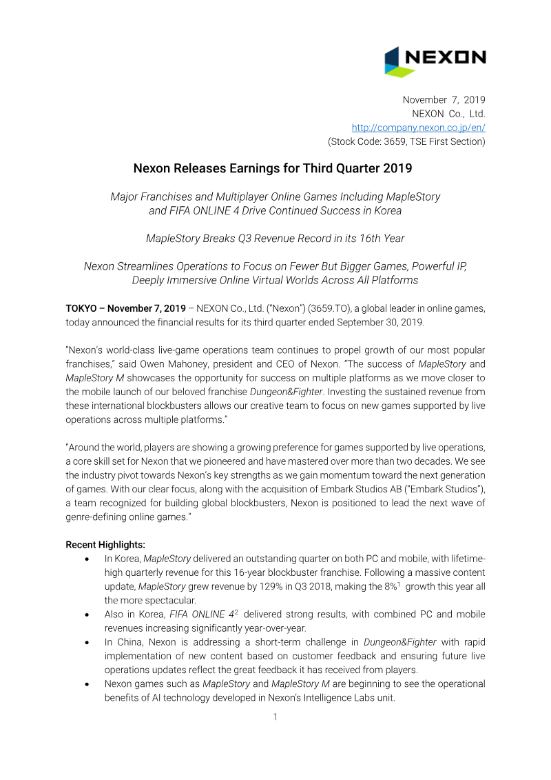 Cover of Nexon Q3 2019 Financial Results