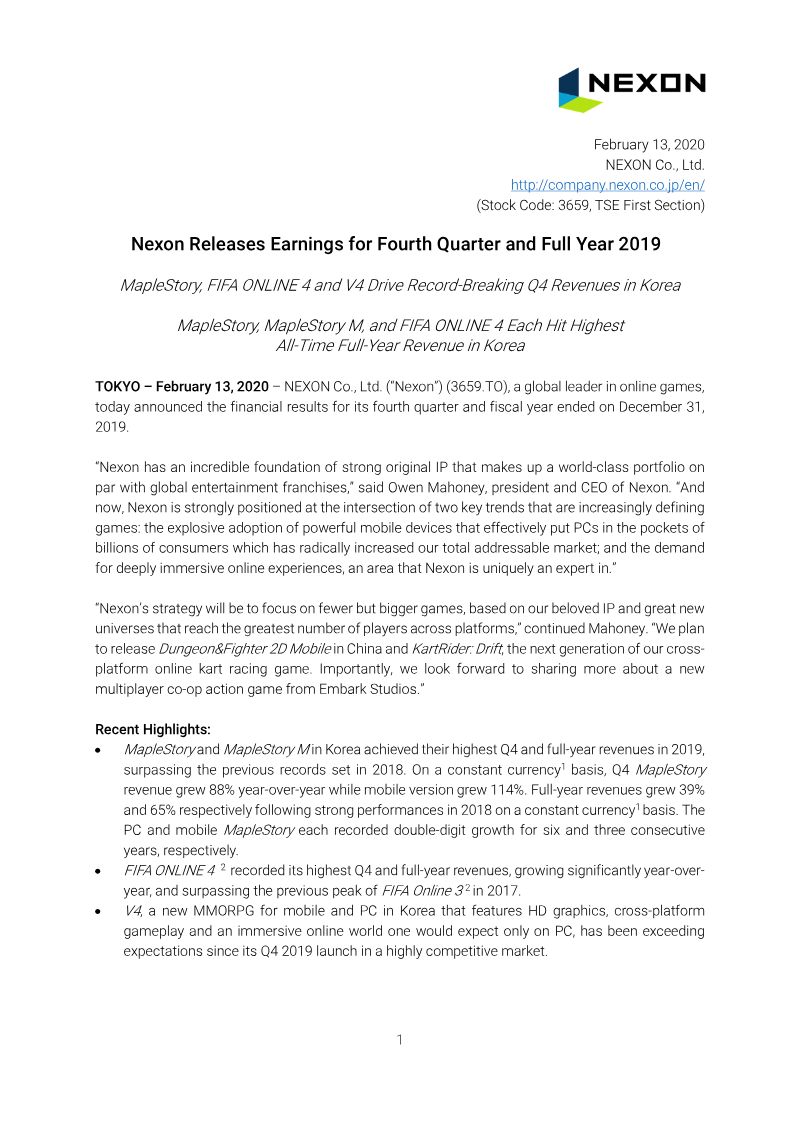 Cover of Nexon Earnings for Fourth Quarter and Full Year 2019
