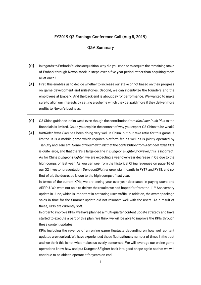 Cover of NEXON FY2019 Q2 Earnings Conference Call: Q&A Summary