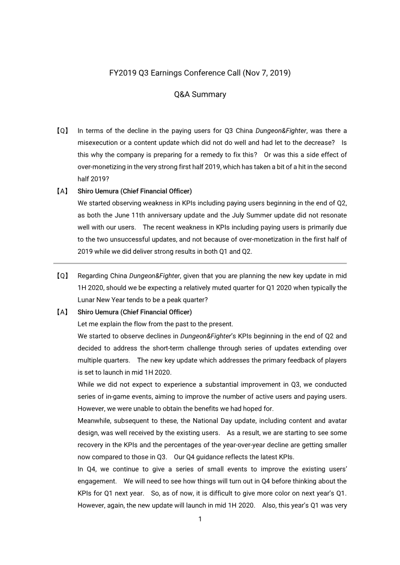 Cover of NEXON FY2019 Q3 Earnings Conference Call: Q&A Summary