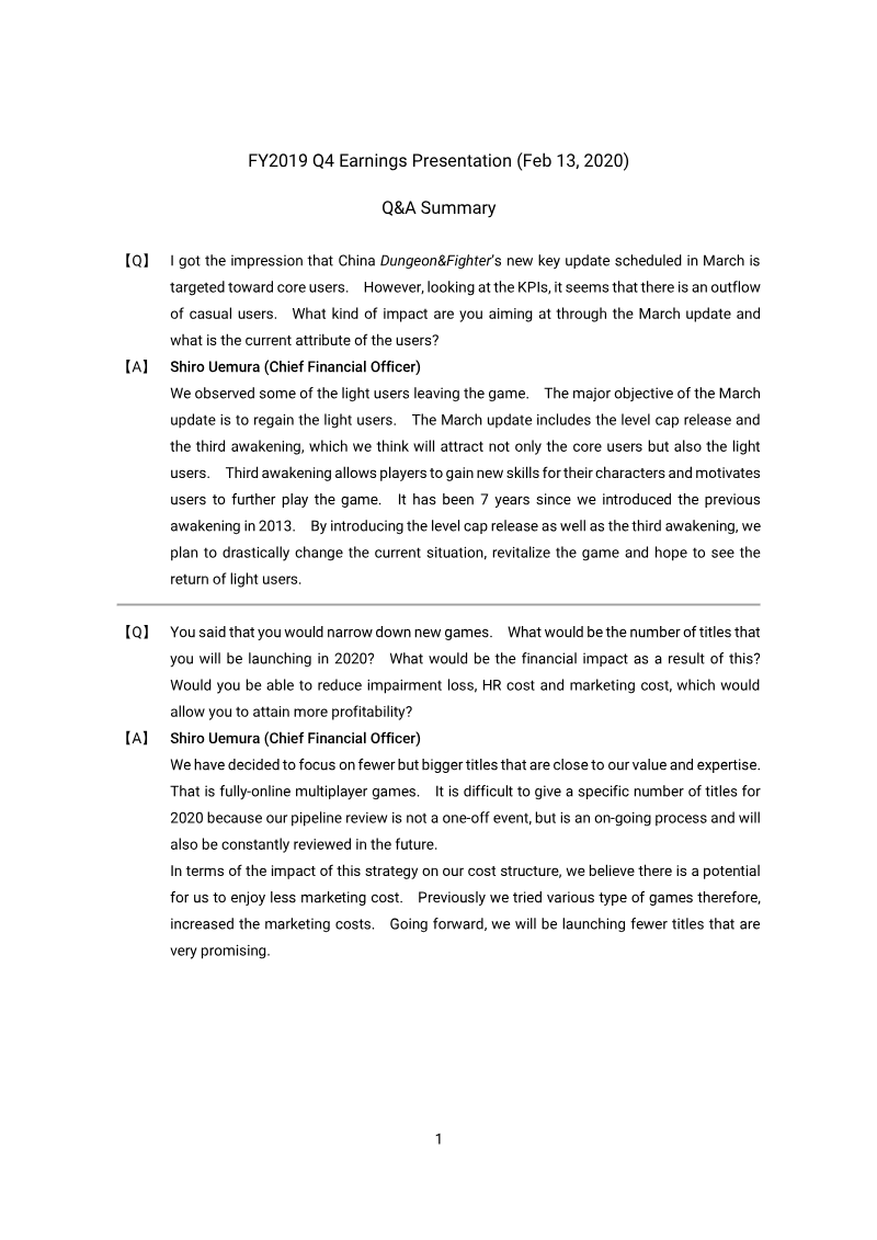 Cover of NEXON FY2019 Q4 Earnings Presentation: Q&A Summary
