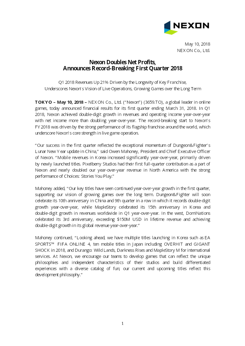 Cover of Nexon First Quarter 2018 Financial Results