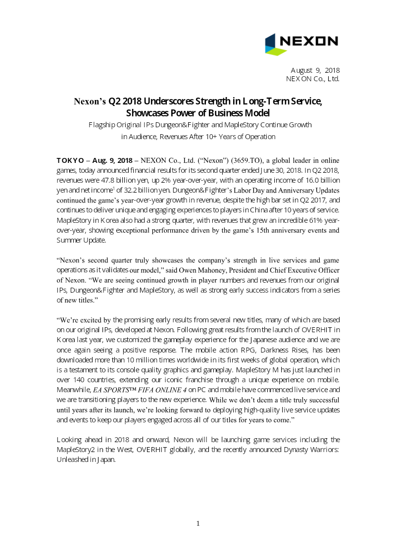 Cover of Nexon Q2 2018 Financial Results
