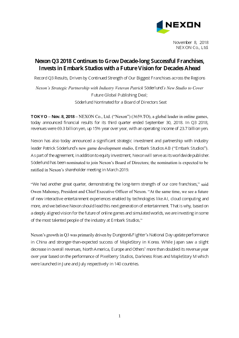 Cover of Nexon Q3 2018 Financial Results: Record Results and Strategic Investment