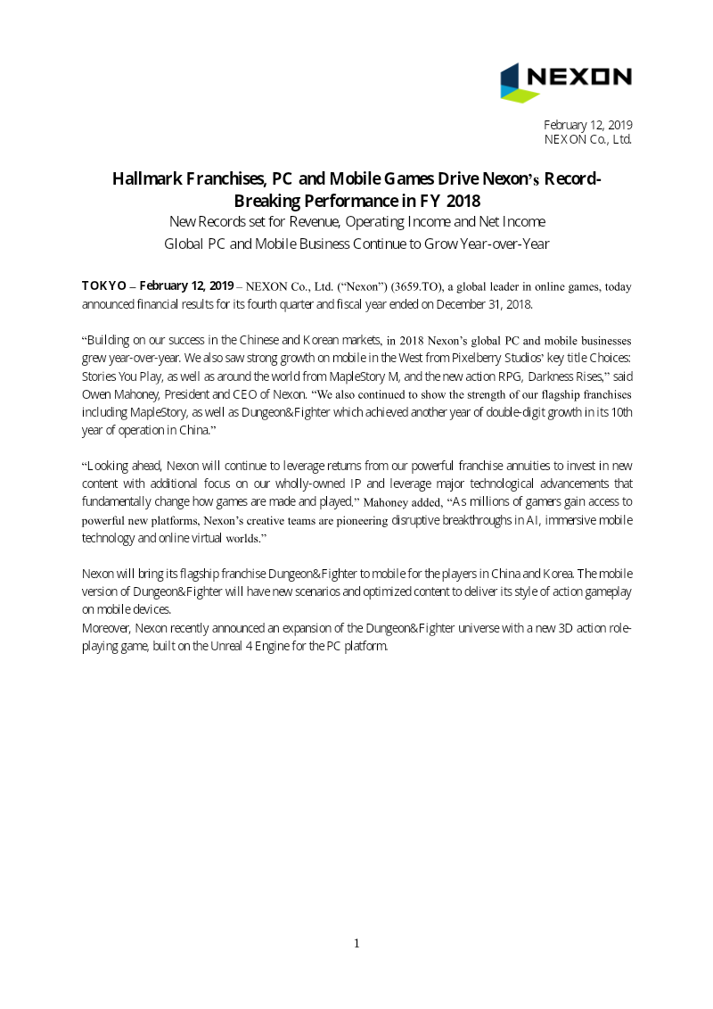 Cover of Nexon FY 2018 Financial Results