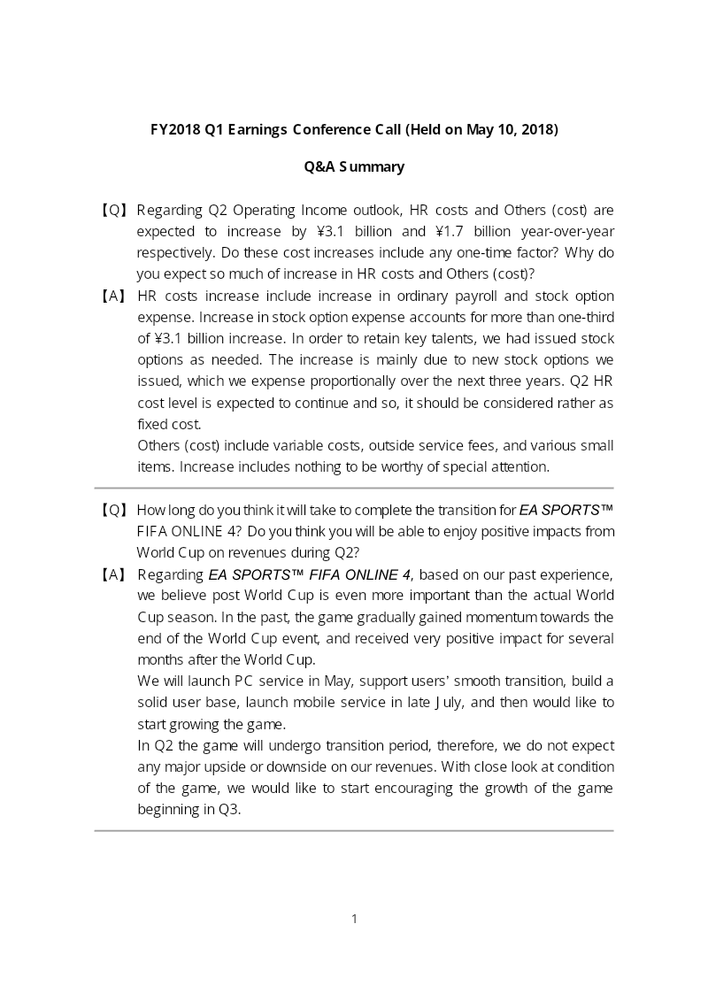Cover of Nexon FY2018 Q1 Earnings Conference Call: Q&A Summary