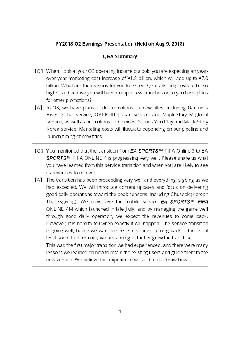Cover of Nexon FY2018 Q2 Earnings Presentation: Q&A Summary