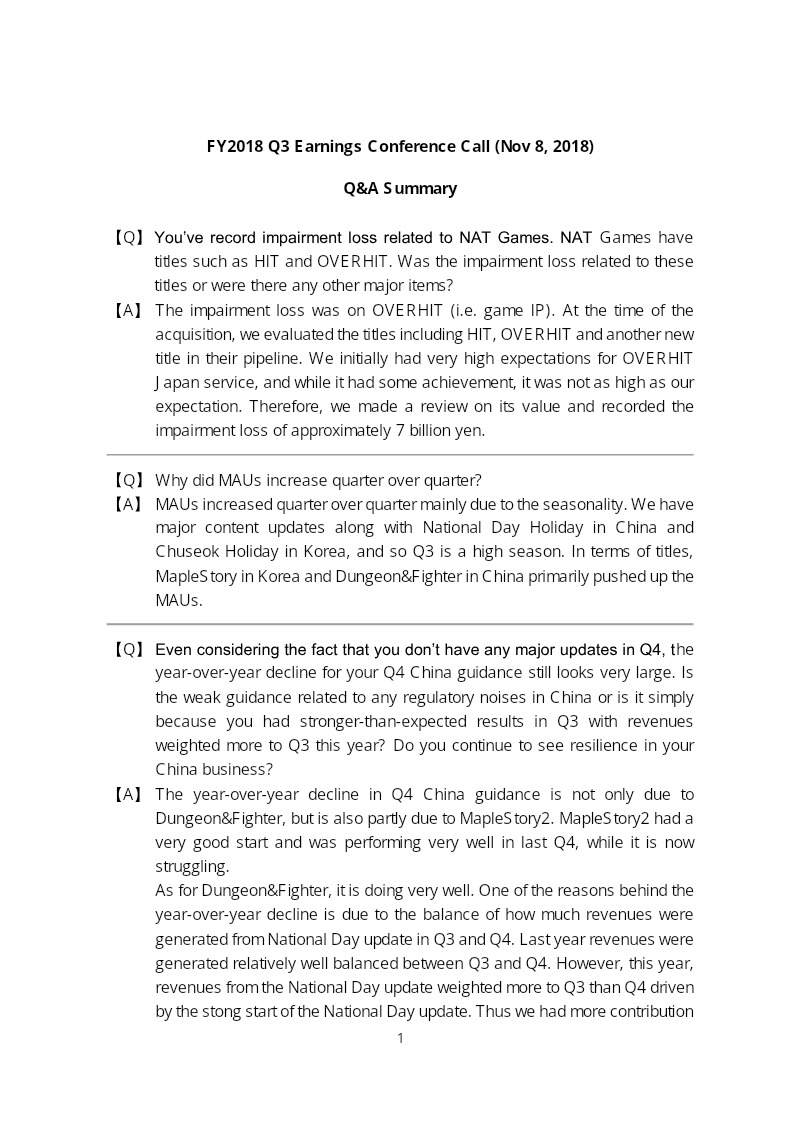 Cover of Nexon Q3 2018 Earnings Conference Call: Q&A Summary