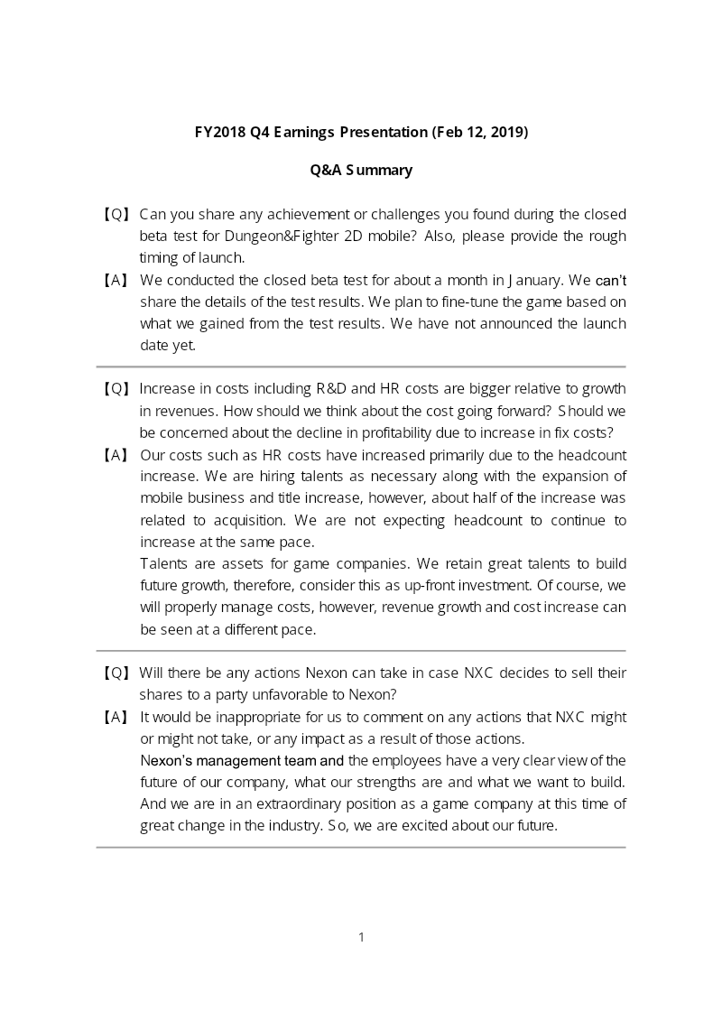 Cover of Nexon FY2018 Q4 Earnings Presentation: Q&A Summary