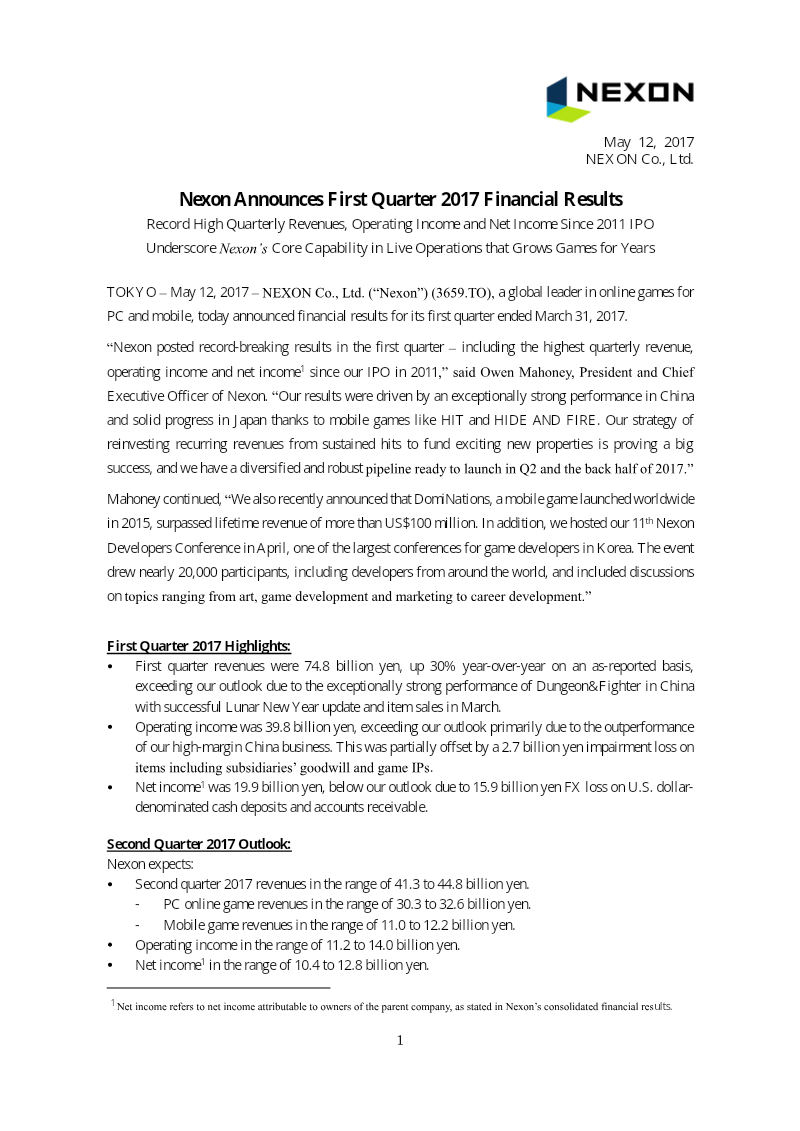 Cover of Nexon First Quarter 2017 Financial Results