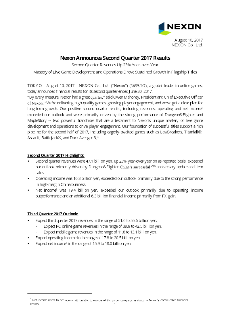 Cover of Nexon Second Quarter 2017 Financial Results