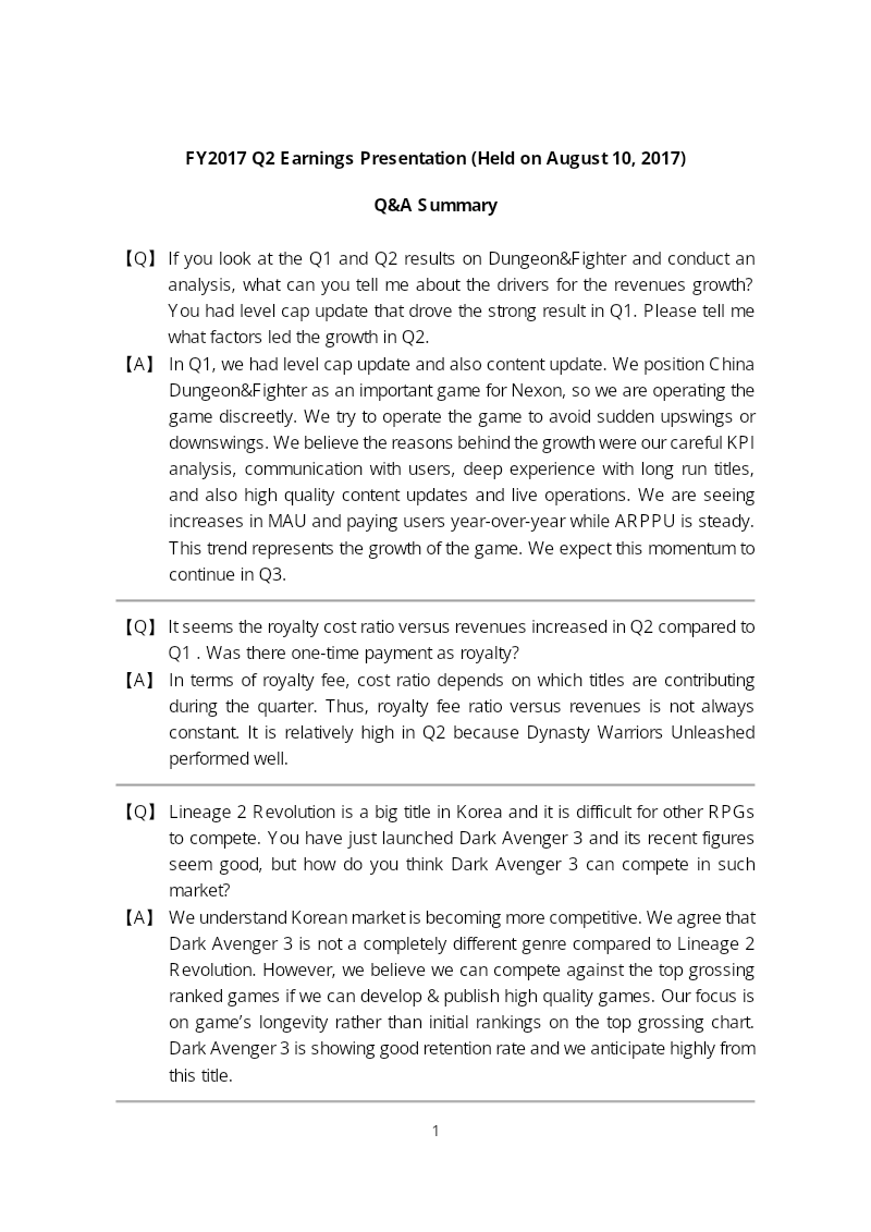 Cover of Nexon FY2017 Q2 Earnings Presentation: Q&A Summary