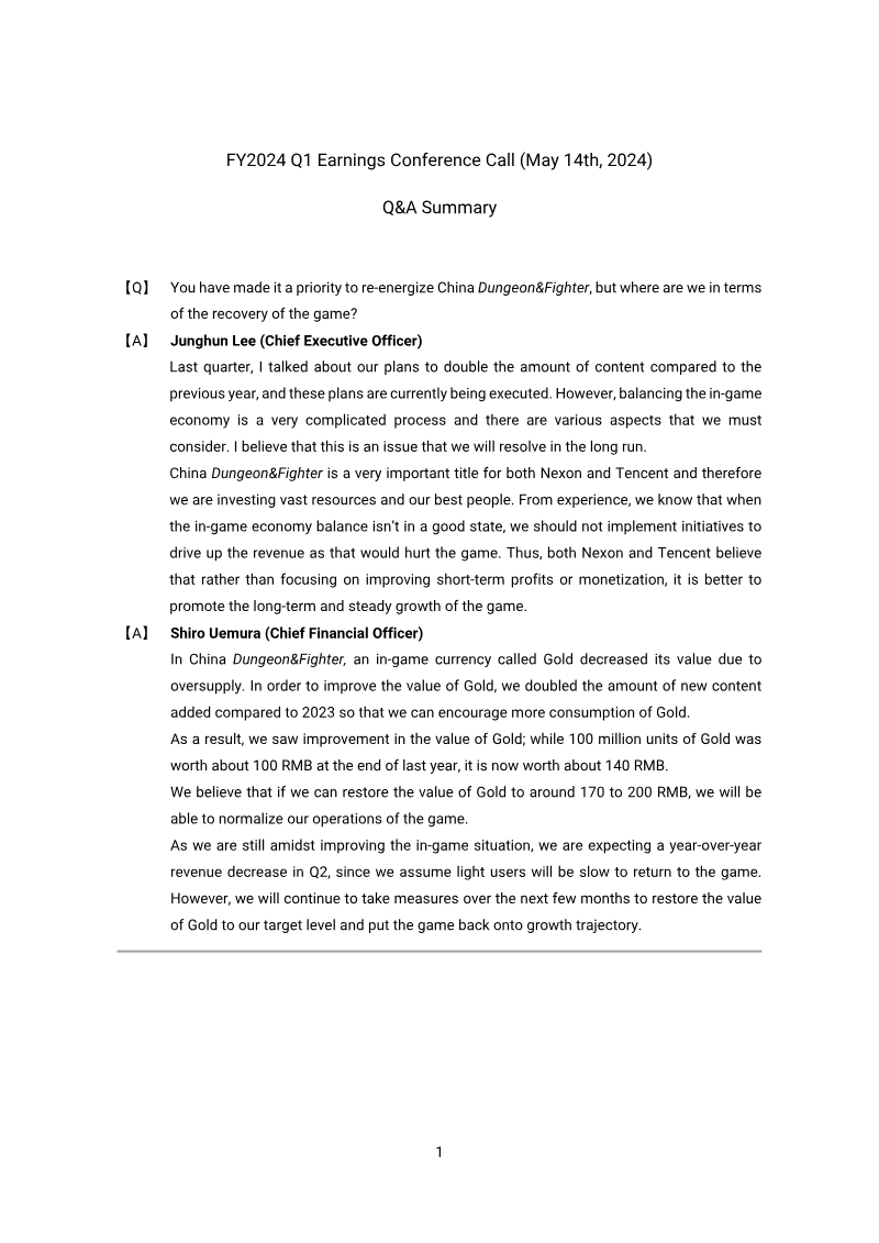 Cover of NEXON Q1 2024 Earnings Conference Call: Q&A Summary