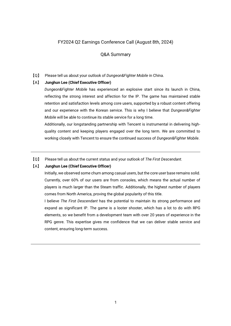 Cover of Nexon FY2024 Q2 Earnings Conference Call: Q&A Summary