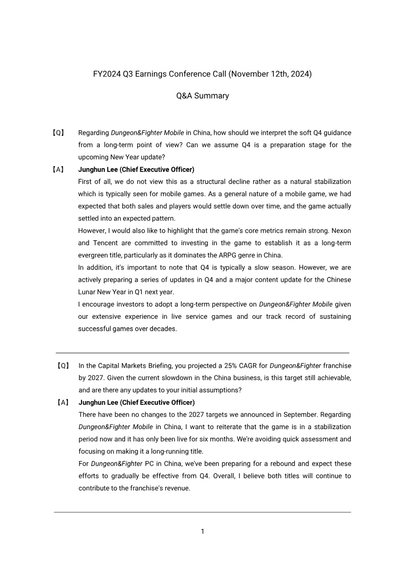 Cover of Nexon FY2024 Q3 Earnings Conference Call: Q&A Summary
