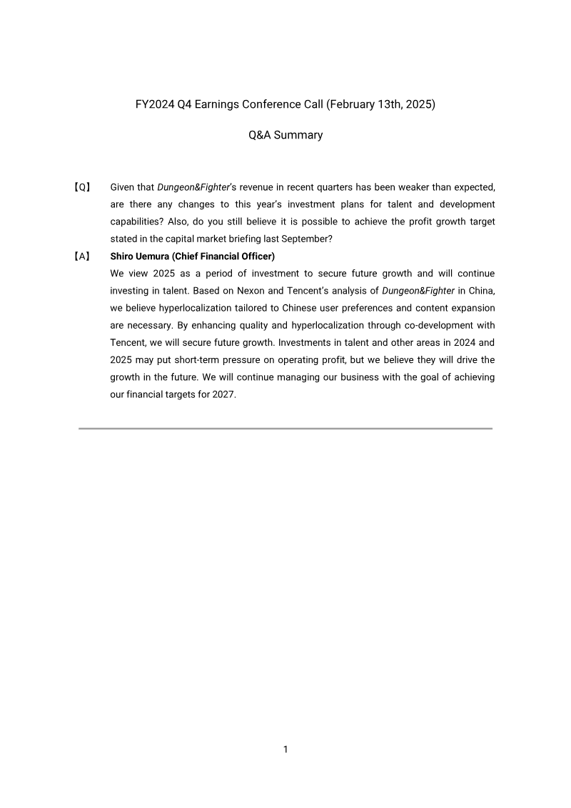 Cover of Nexon FY2024 Q4 Earnings Conference Call: Q&A Summary