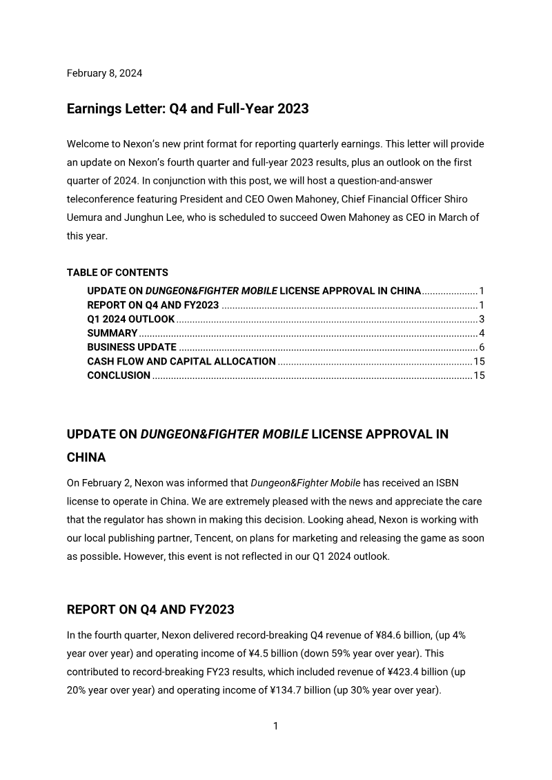 Cover of Nexon Earnings Letter: Q4 and Full-Year 2023