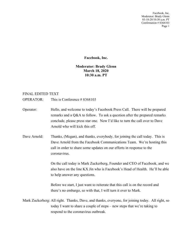 Cover of Facebook Press Call: March 18, 2020