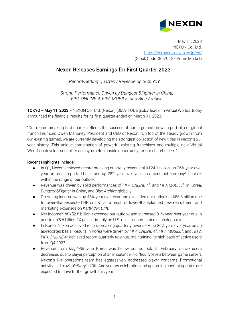 Cover of Nexon Q1 2023 Earnings Results