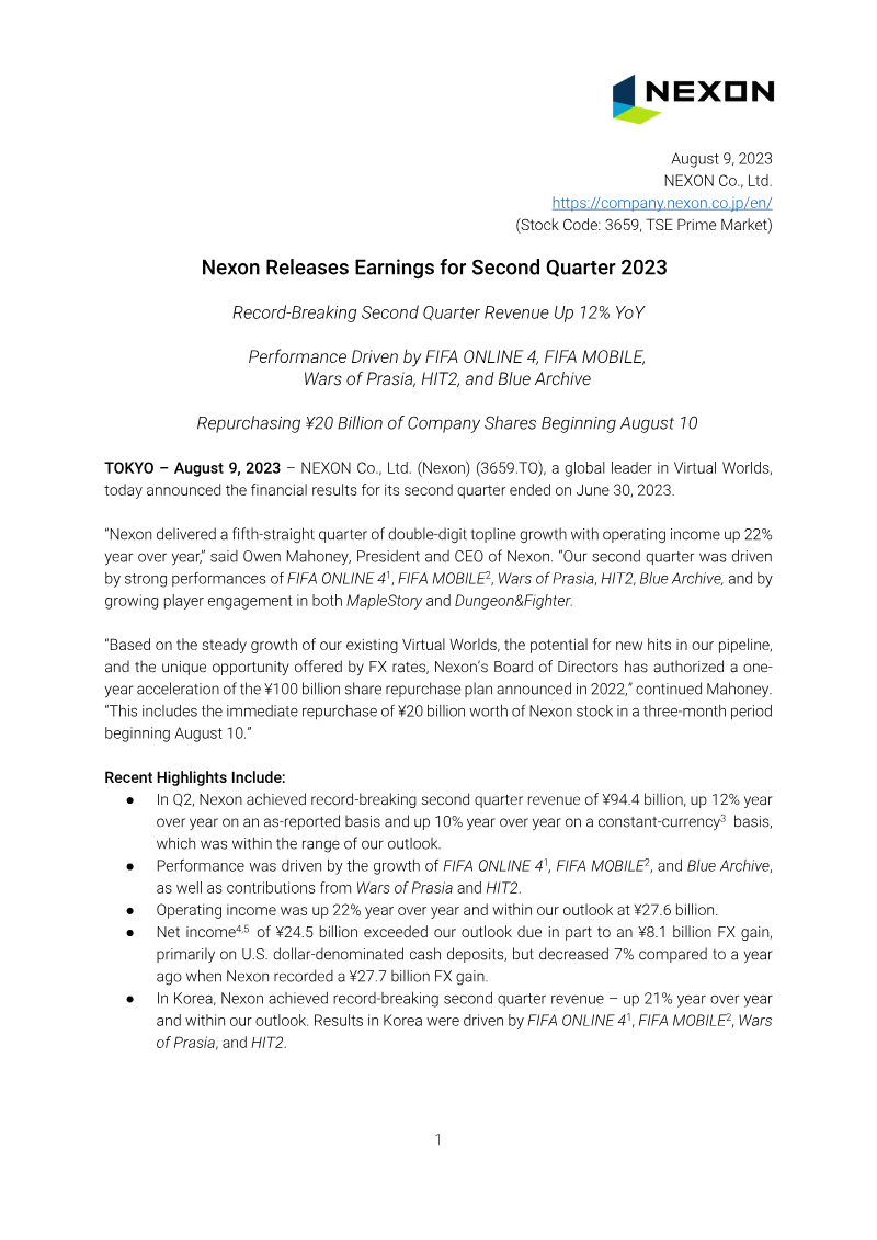 Cover of Nexon Earnings for Second Quarter 2023