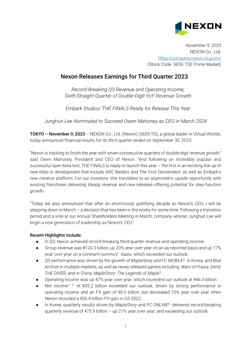Cover of Nexon Earnings for Third Quarter 2023