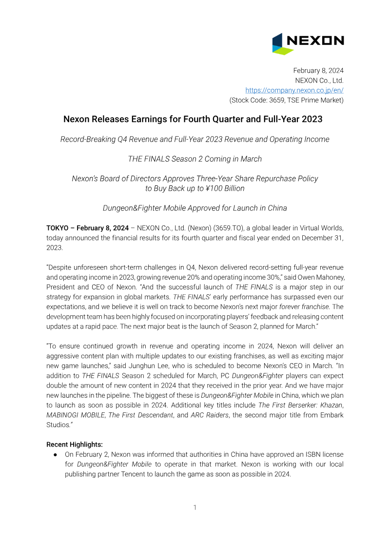 Cover of Nexon Earnings for Fourth Quarter and Full-Year 2023