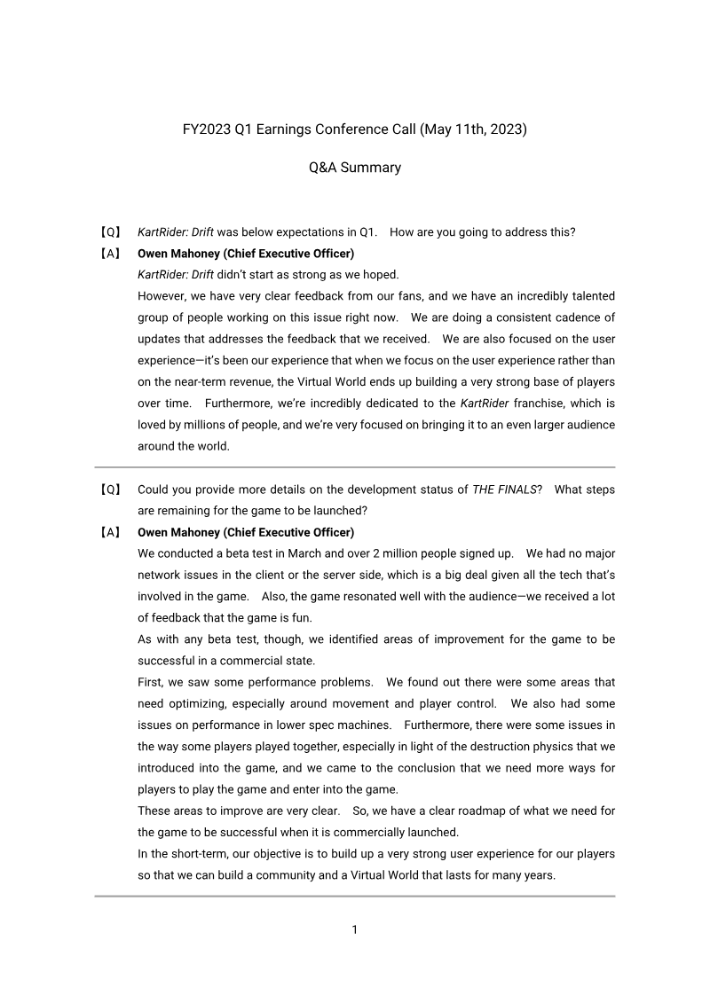 Cover of NEXON FY2023 Q1 Earnings Conference Call: Q&A Summary