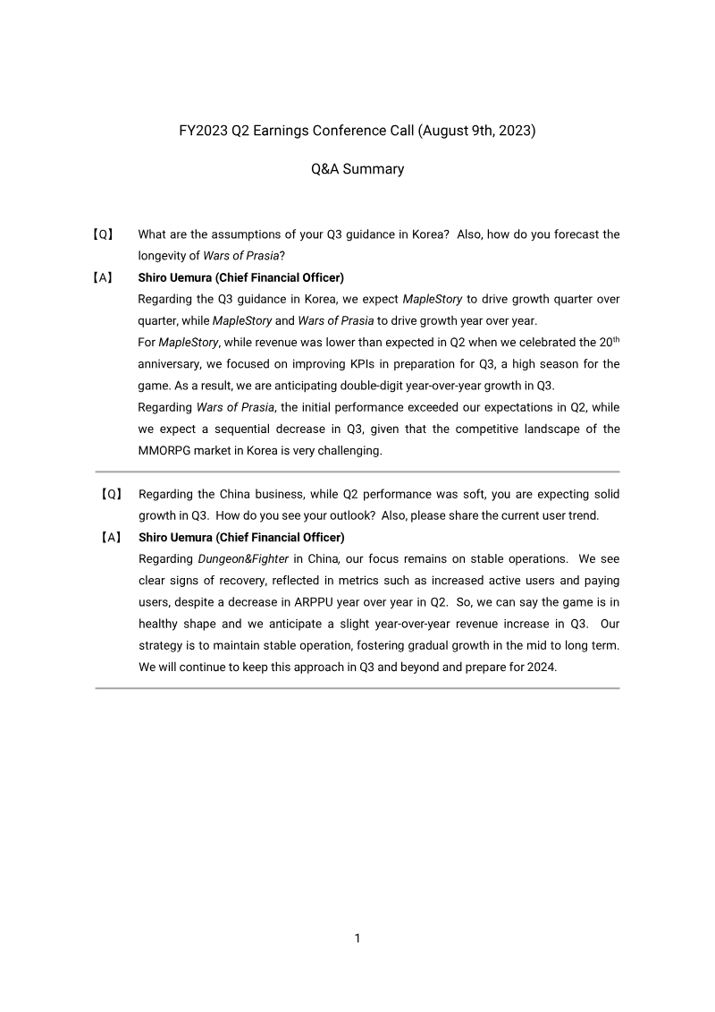 Cover of Nexon FY2023 Q2 Earnings Conference Call: Q&A Summary
