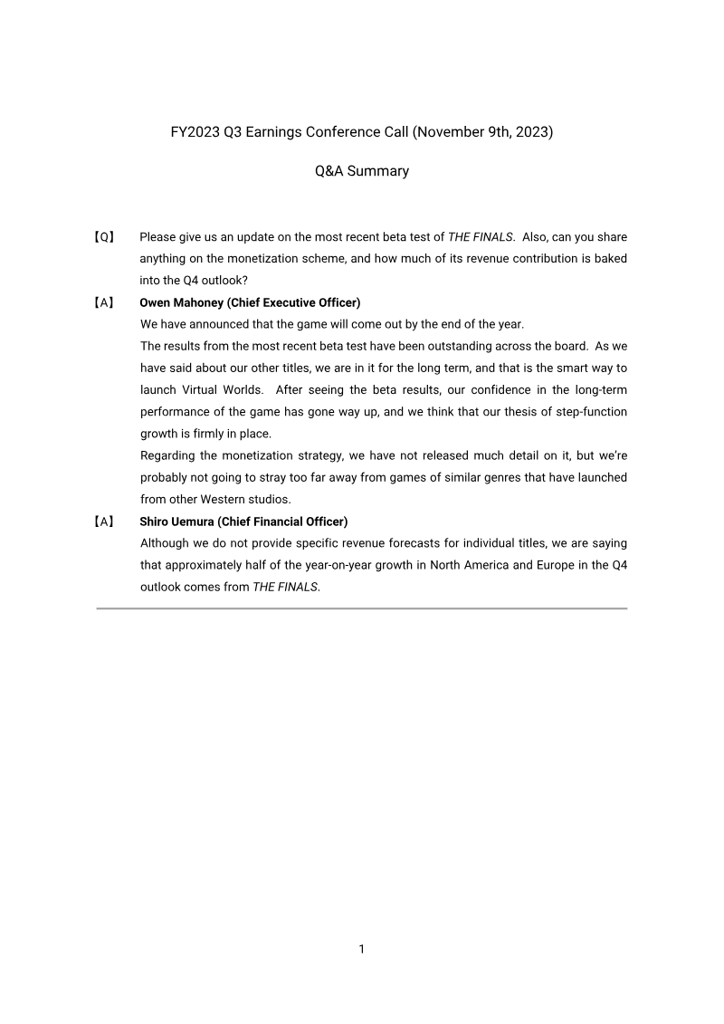 Cover of FY2023 Q3 Earnings Conference Call: Q&A Summary