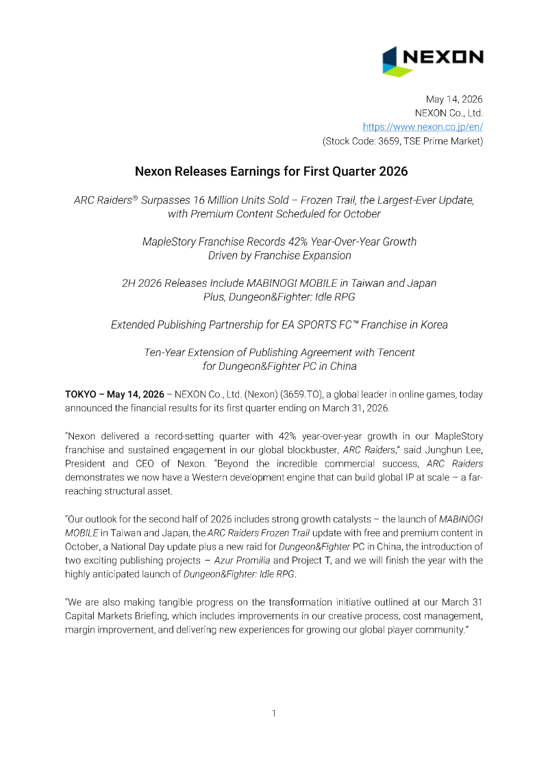 Cover of Nexon Q1 2026 Earnings Results