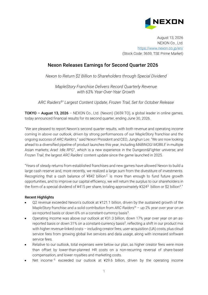 Cover of Nexon Earnings Results: Second Quarter 2026