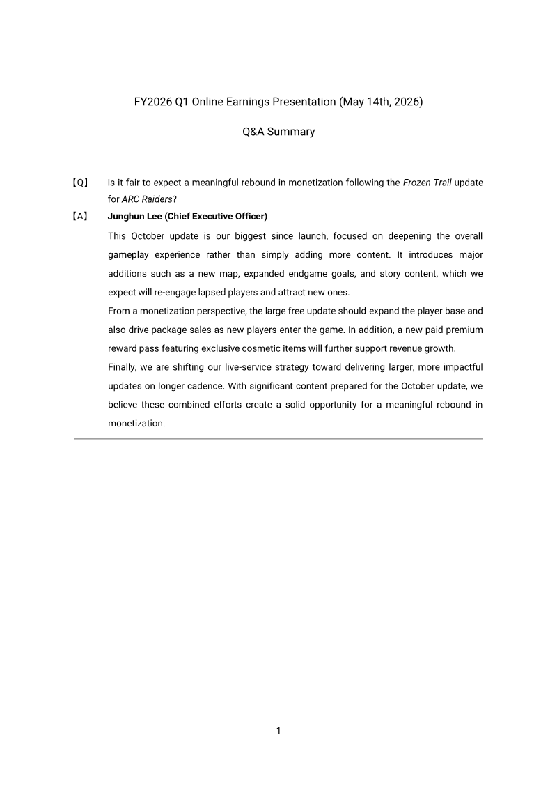 Cover of Nexon Q1 2026 Online Earnings Presentation: Q&A Summary