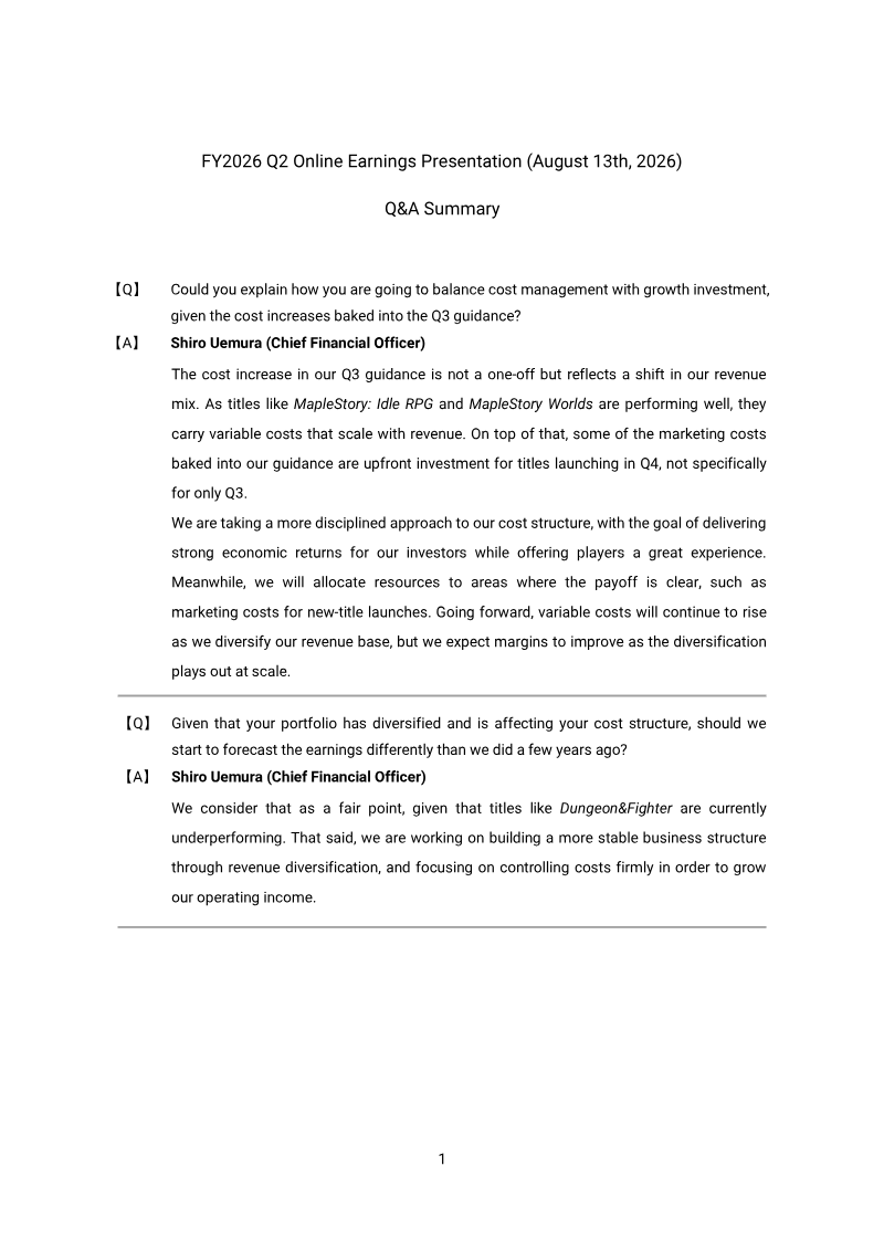 Cover of NEXON FY2026 Q2 Online Earnings Presentation: Q&A Summary
