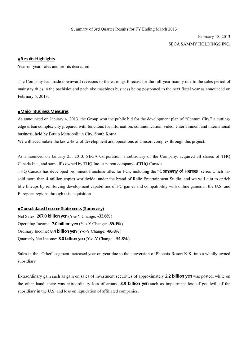 Cover of Sega Sammy Holdings Summary of 3rd Quarter Results for FY Ending March 2013