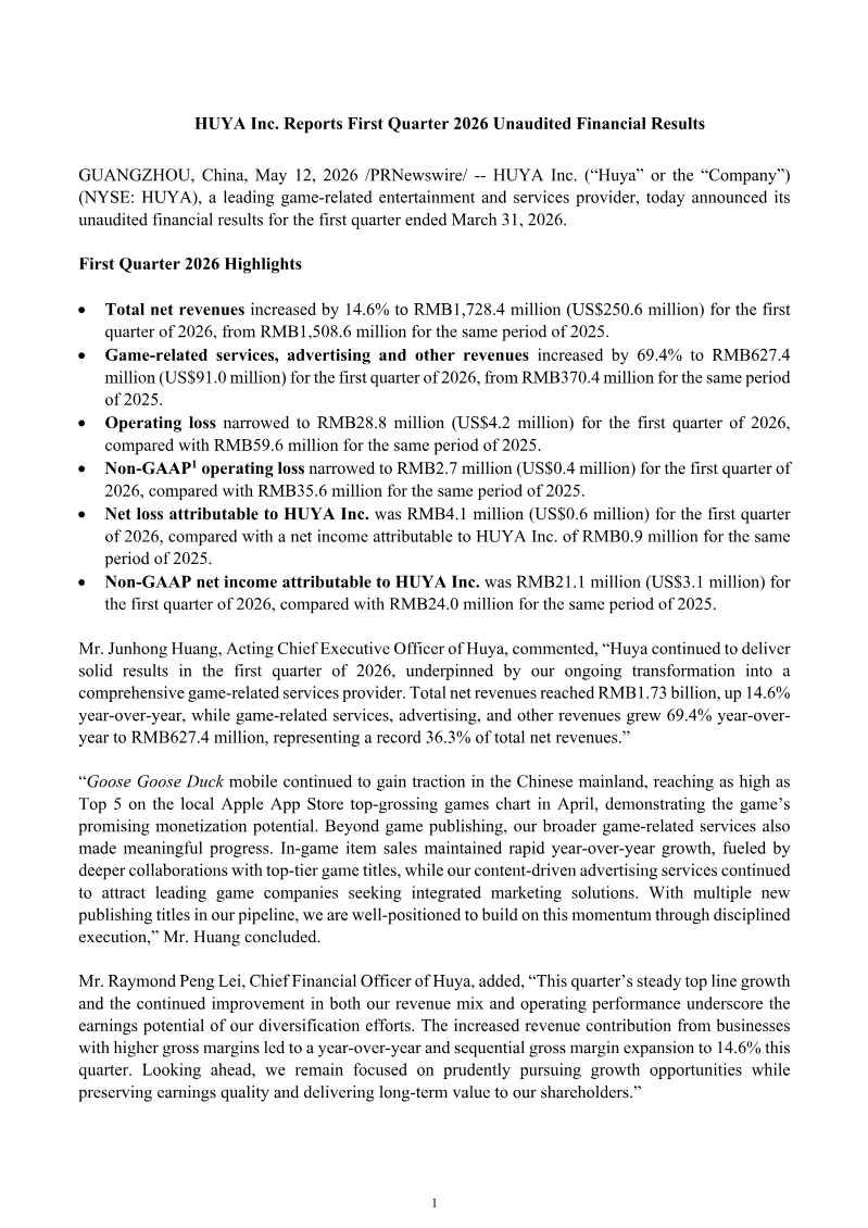 Cover of HUYA Inc. First Quarter 2026 Unaudited Financial Results