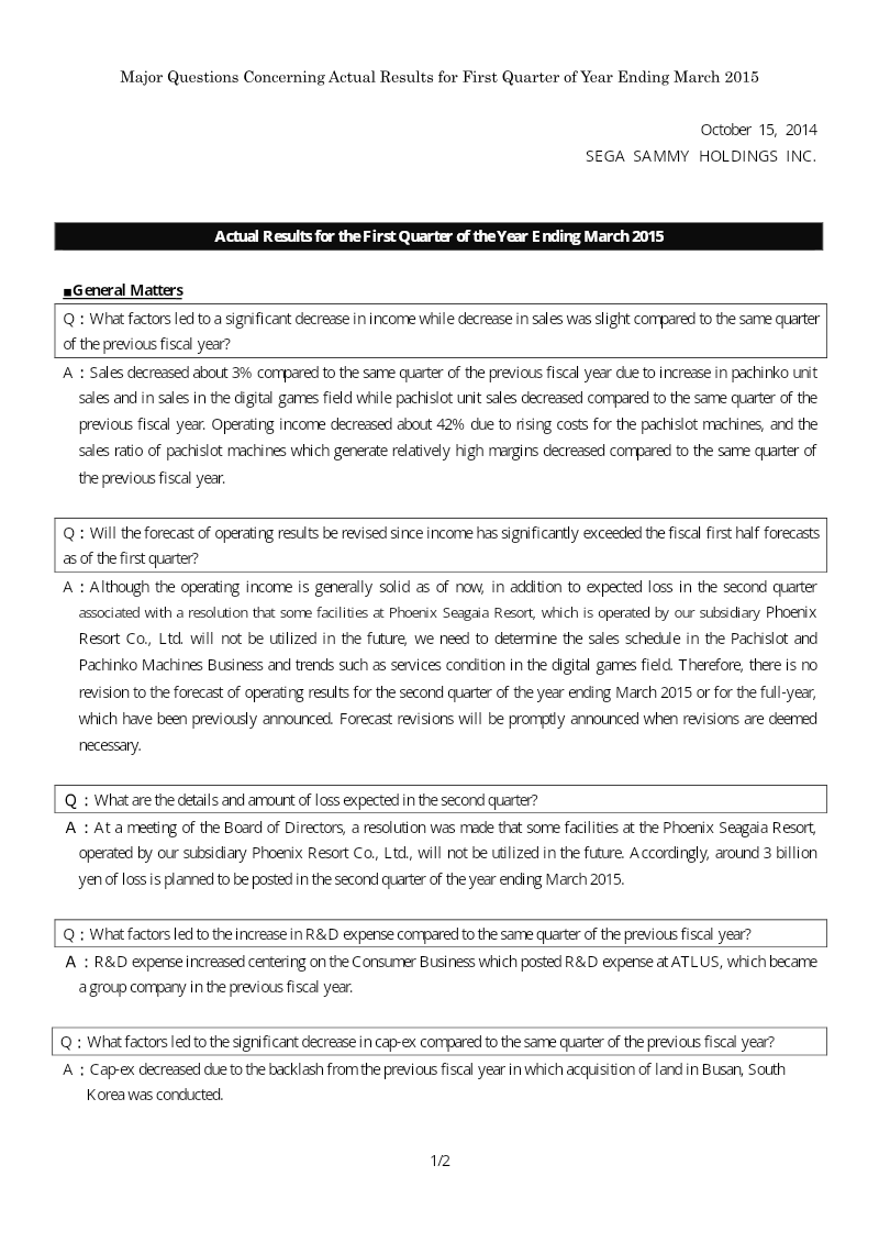 Cover of Sega Sammy Holdings: Actual Results for the First Quarter of the Year Ending March 2015