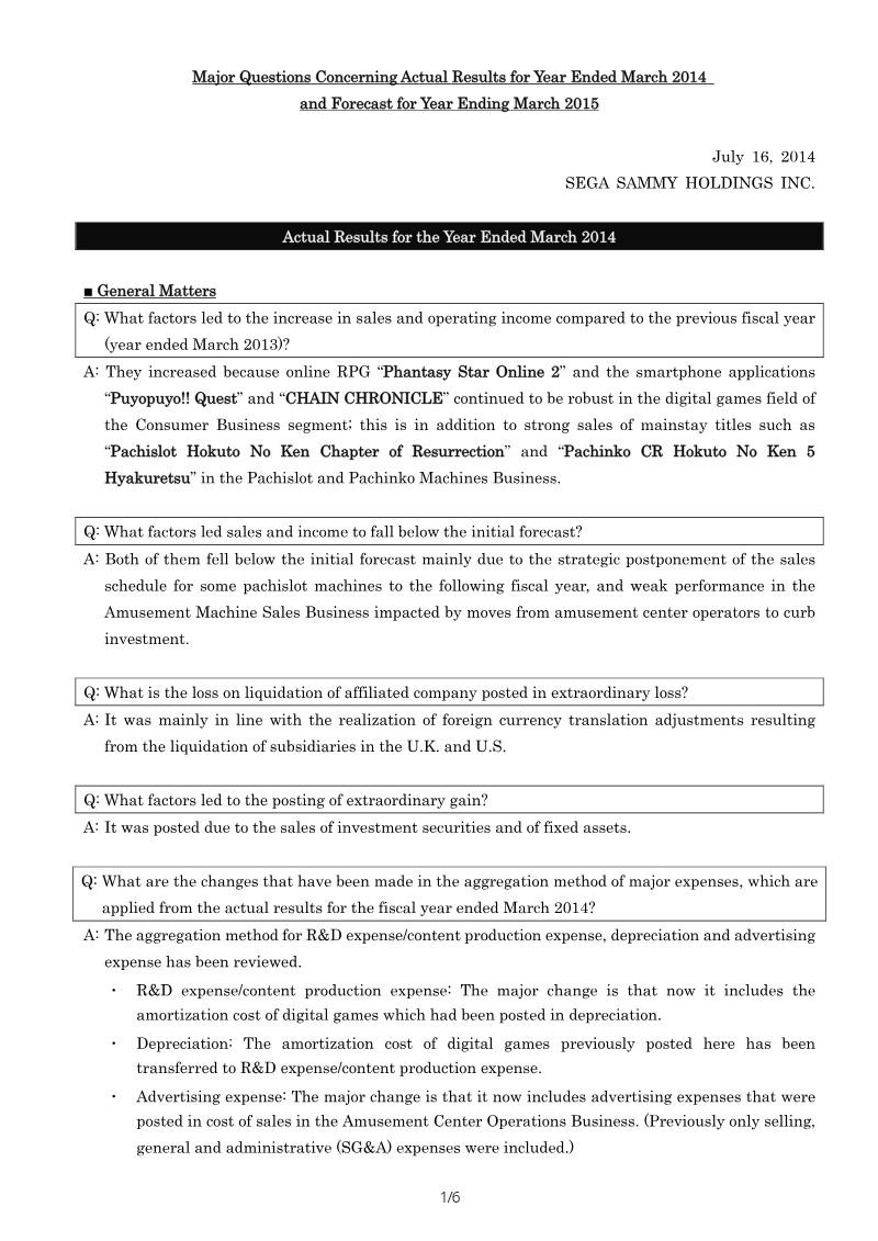 Cover of Sega Sammy Holdings: Major Questions Concerning Actual Results for FY Ended March 2014