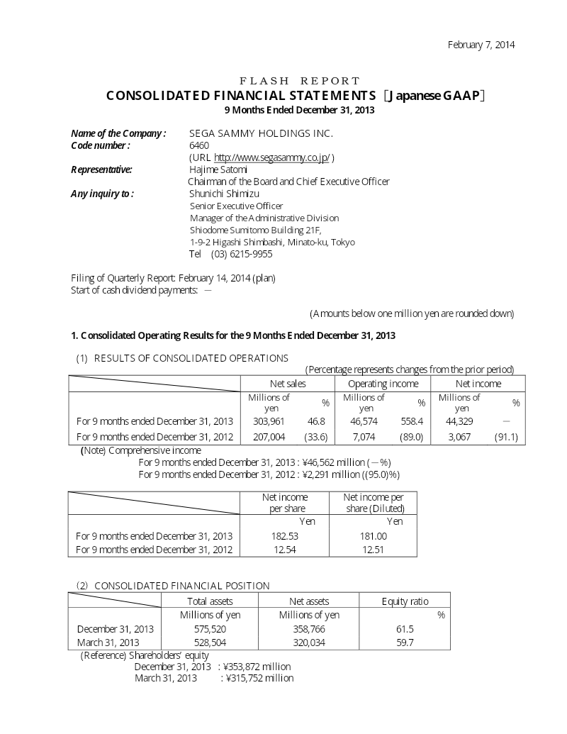 Cover of Sega Sammy Holdings Consolidated Financial Statements: 9 Months Ended December 31, 2013
