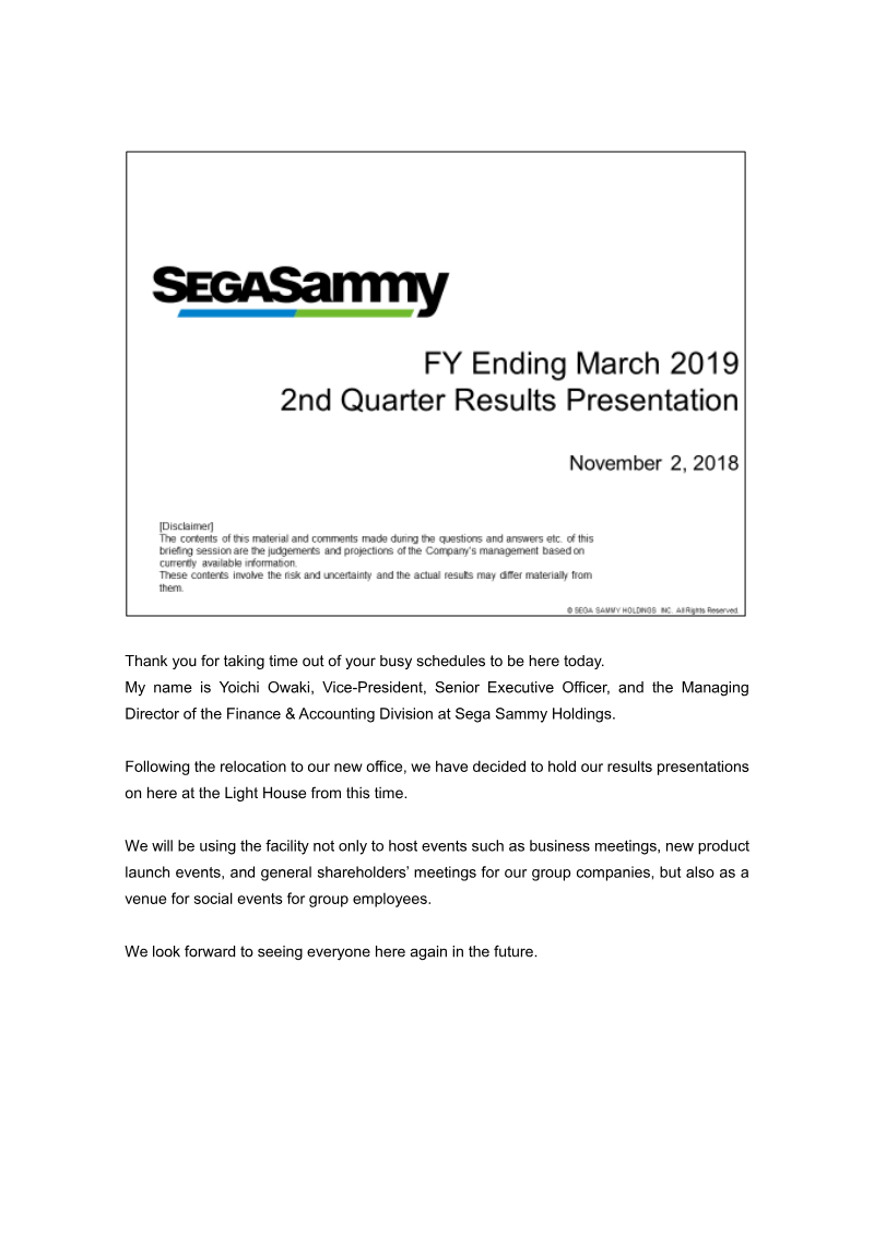 Cover of Sega Sammy FY Ending March 2019: 2nd Quarter Results Presentation