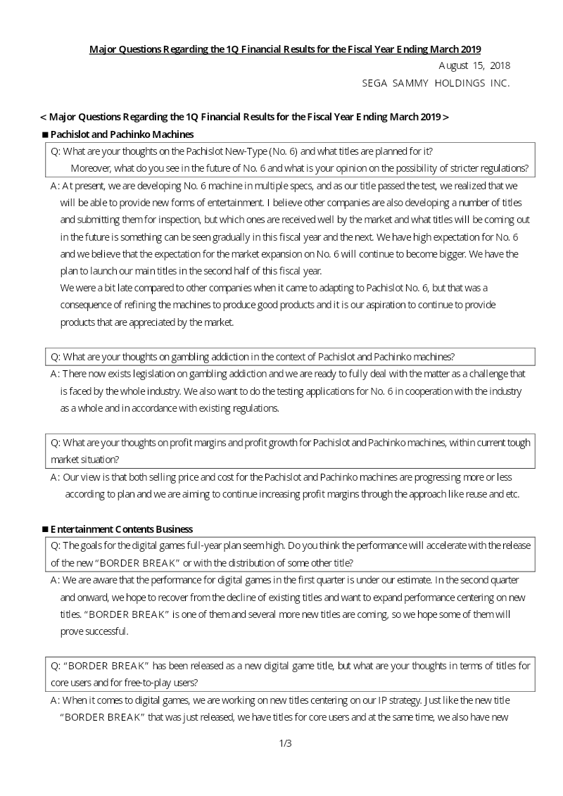 Cover of Major Questions Regarding the 1Q Financial Results for the Fiscal Year Ending March 2019