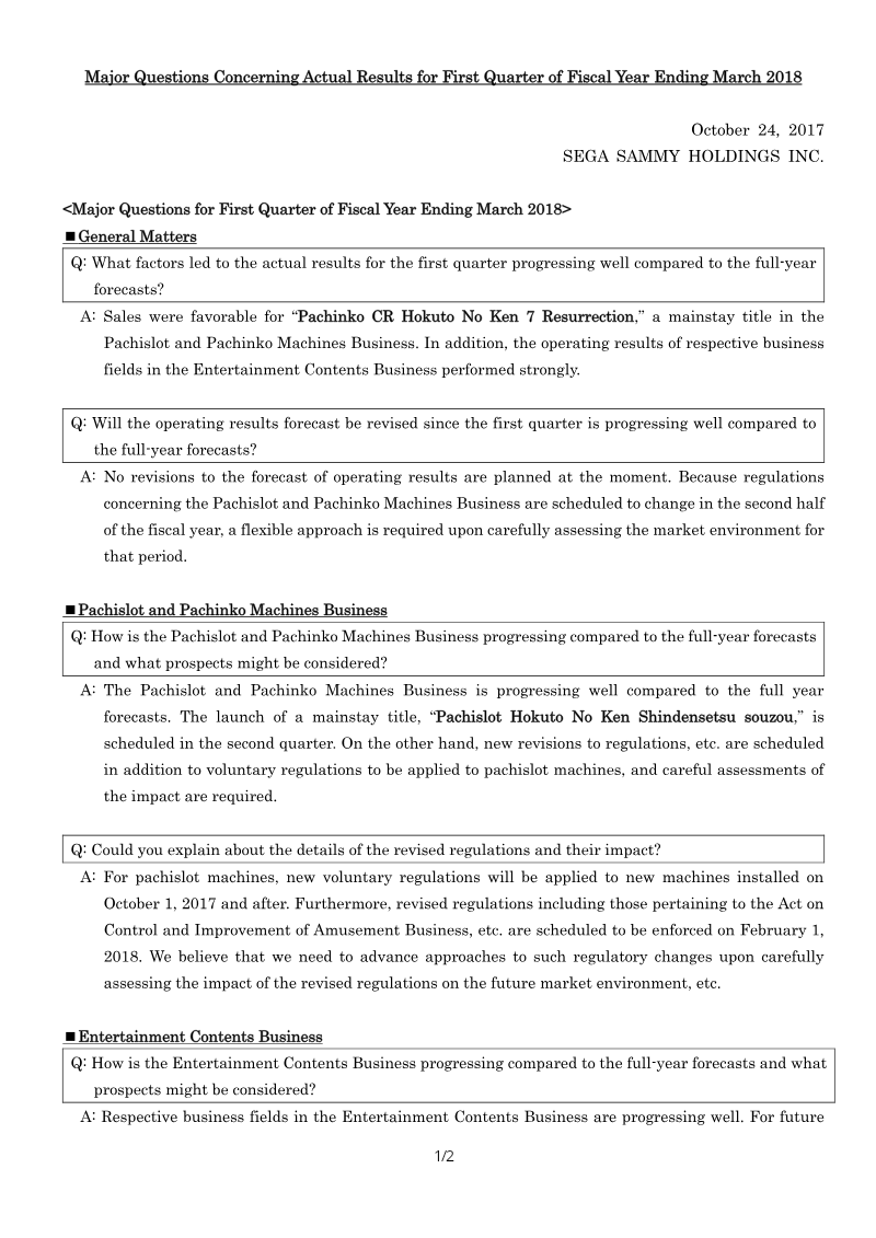 Cover of Sega Sammy Holdings Q1 Fiscal Year 2018 Financial Results: Major Questions